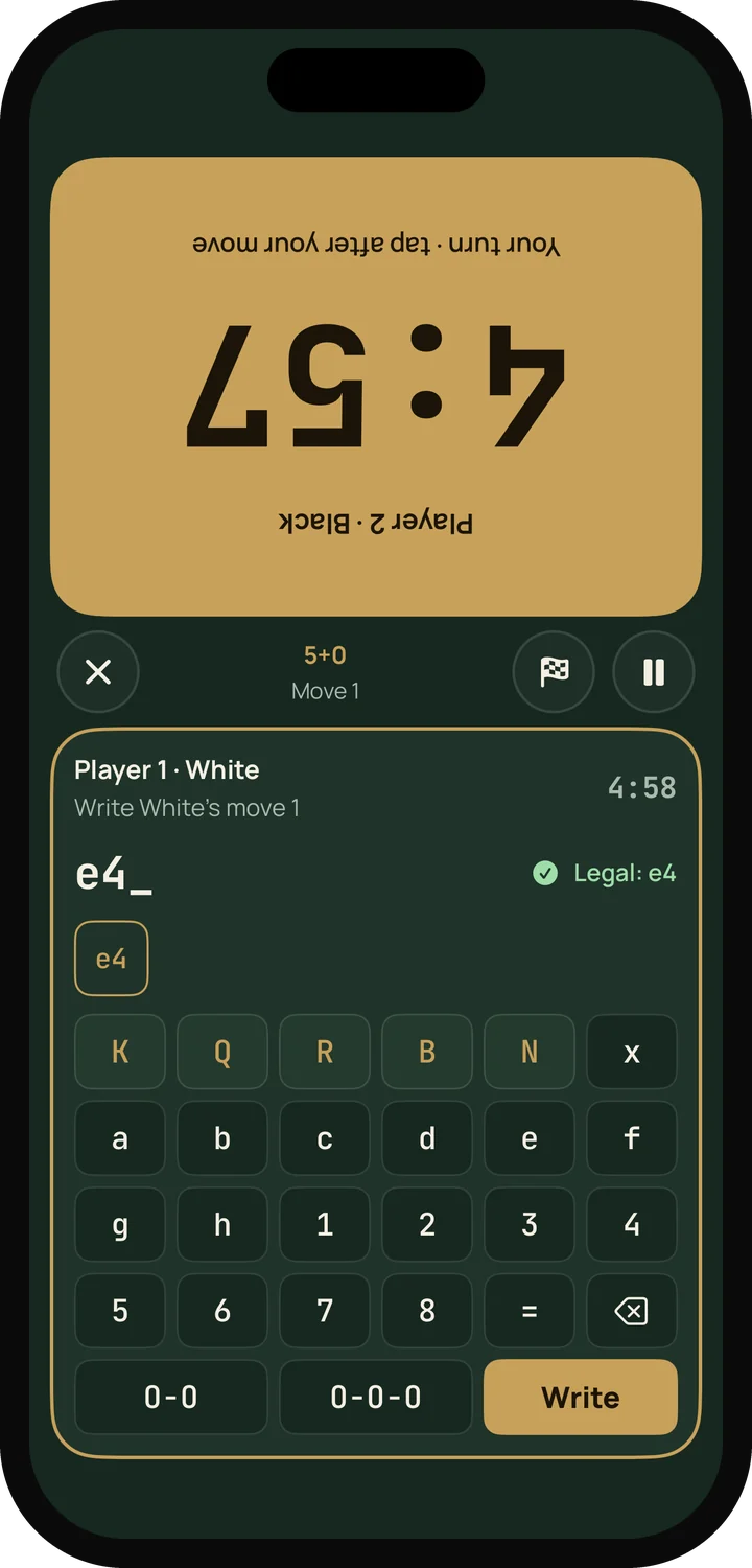 A game on a real board: Black's half of the clock is running at the top, turned toward Black, and White's half shows the notation keypad with e4 typed in.
