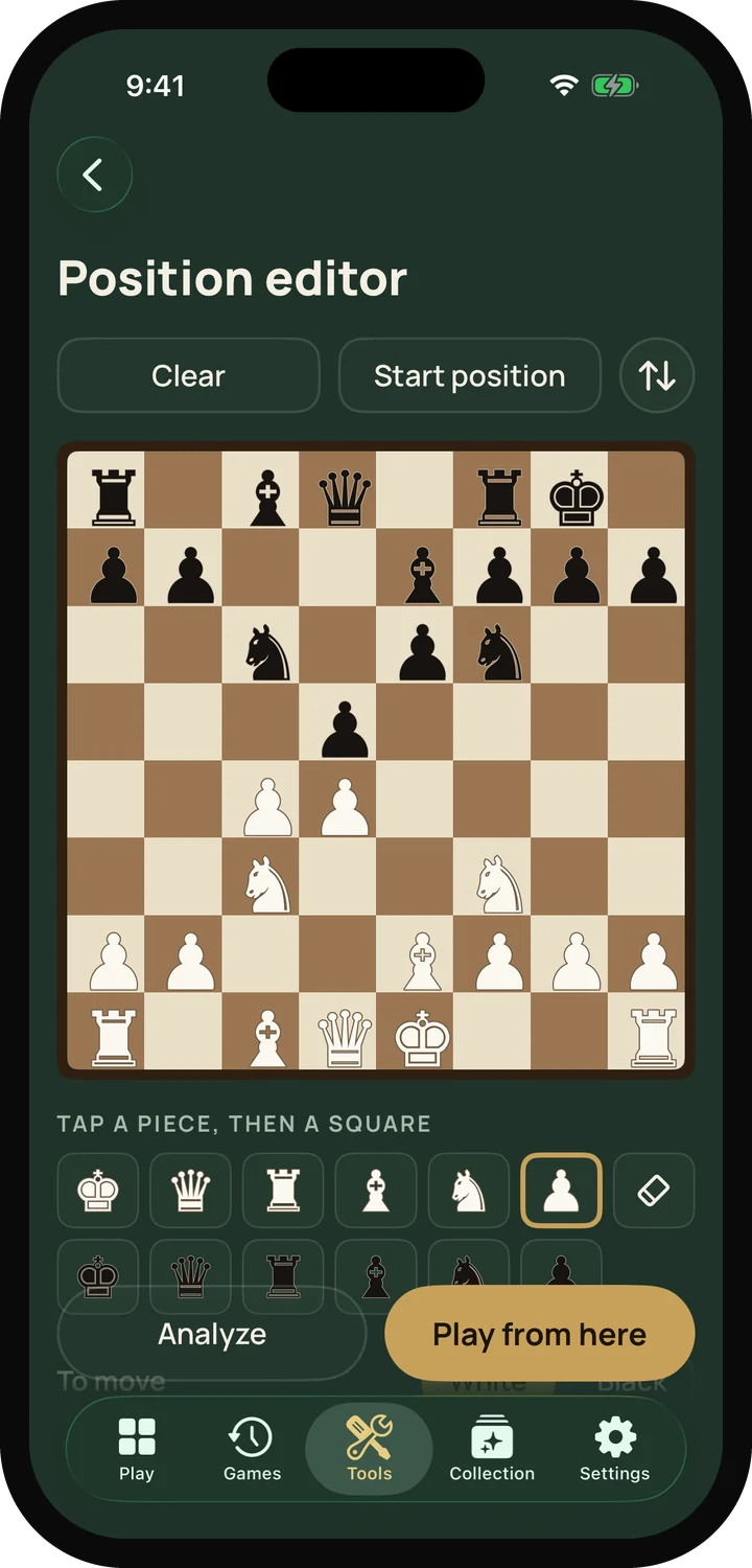 The position editor on an iPhone: a middlegame position set up on the board, with a row of pieces to place and buttons to analyze or play on.