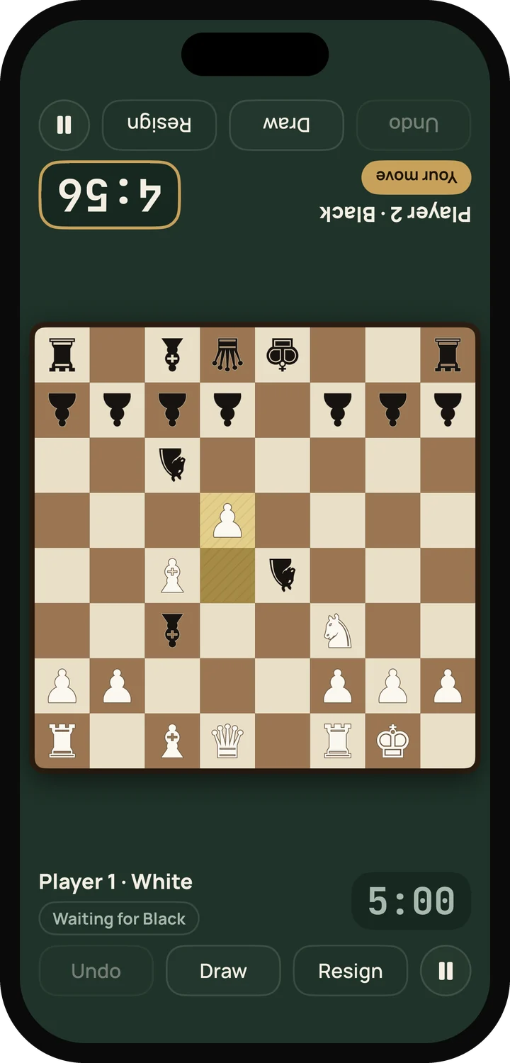 A face-to-face game on a regular iPhone lying flat, with the top player's panel turned upside down.