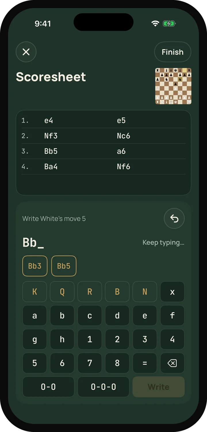 The scoresheet on an iPhone: eight moves of a Ruy Lopez written in two columns, and the keypad below with suggestions for the next move.
