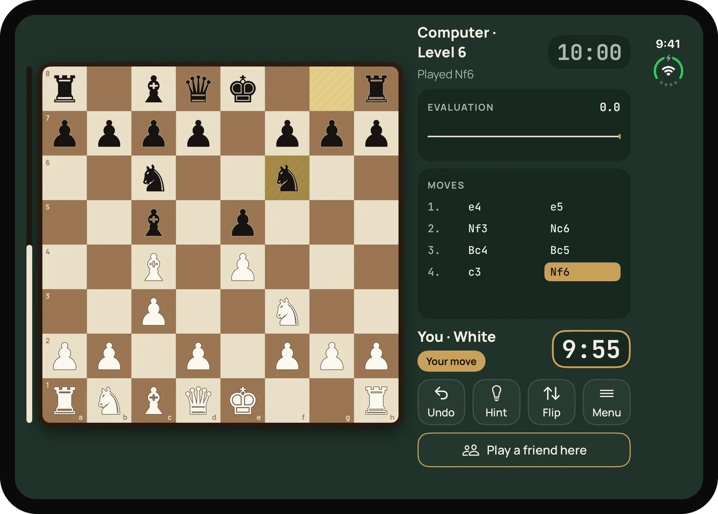 Solo game on the unfolded iPhone Duo: the board on the left; on the right the evaluation graph, the move list and a “Play a friend here” button.